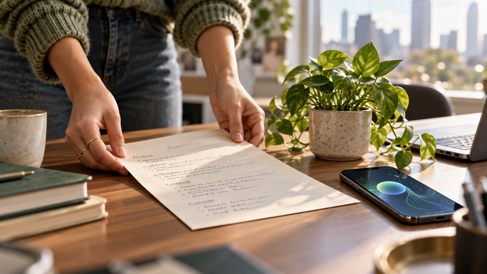 A handwritten résumé beside a plant, laptop and phone with an abstract AI interface