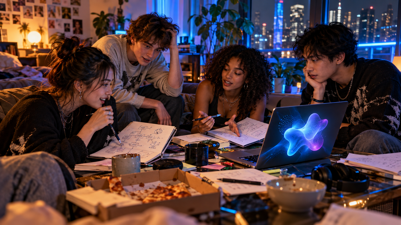 A group of young friends comparing career plans with an AI-powered laptop