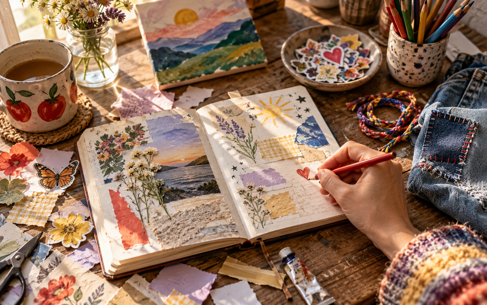 A handmade journal with collaged paper, bracelets, a repaired denim patch and coloured pencils