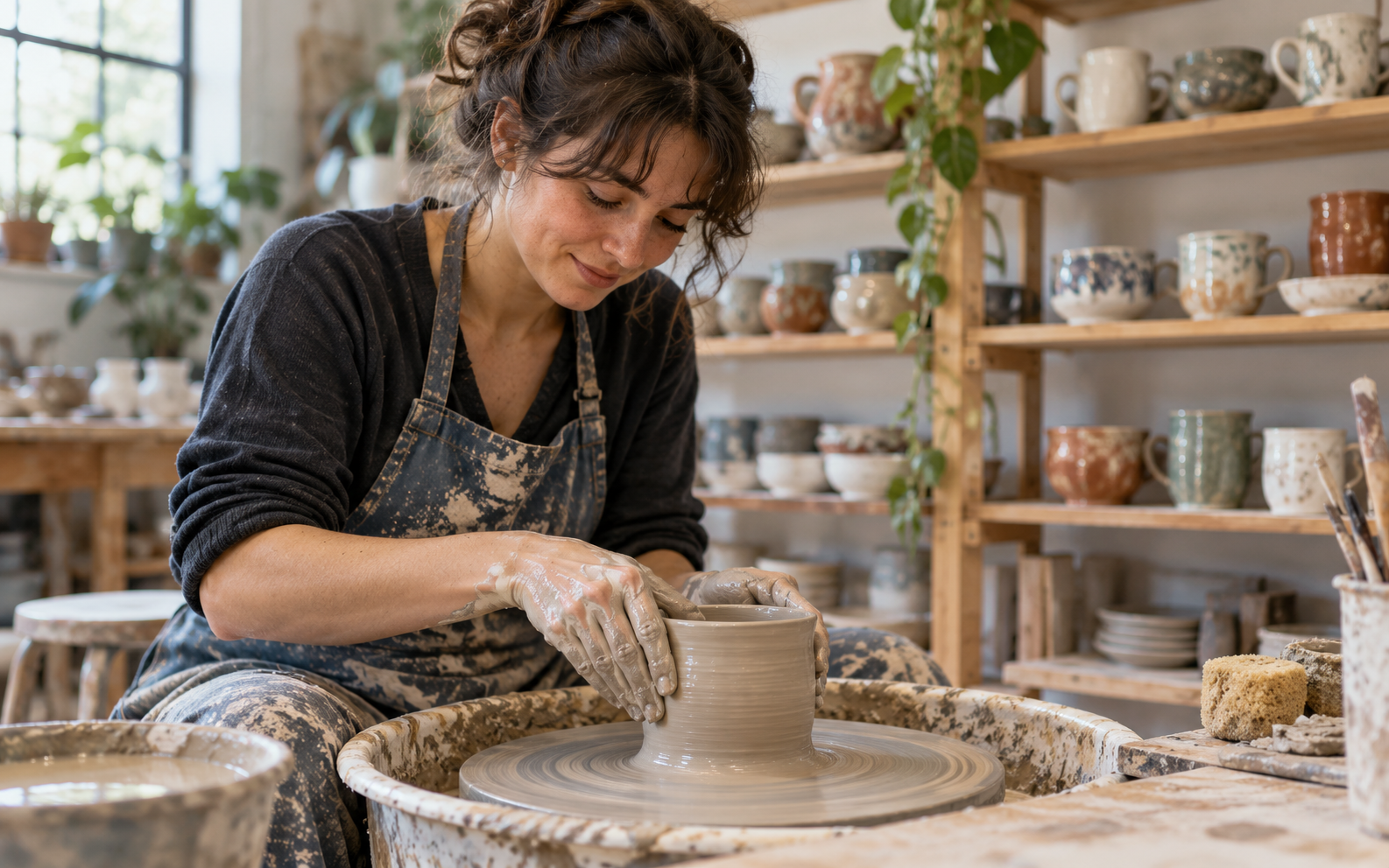 An adult shaping a ceramic cup on a pottery wheel in a bright community studio