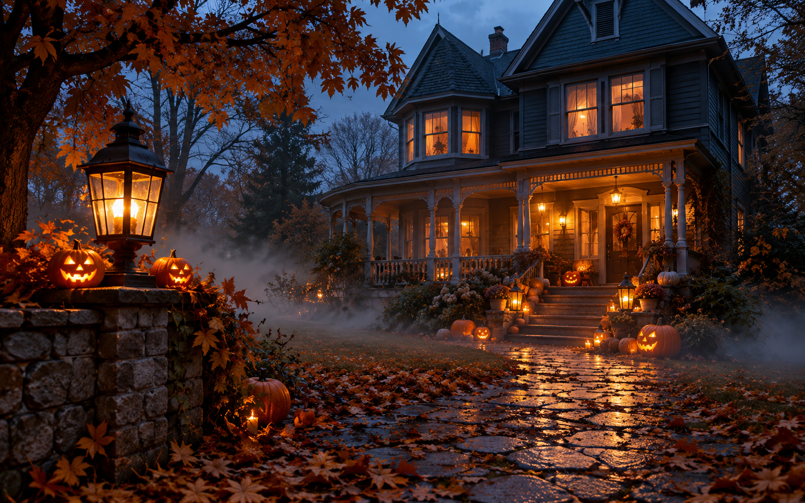 An old house glowing with pumpkin lights and autumn mist at blue hour