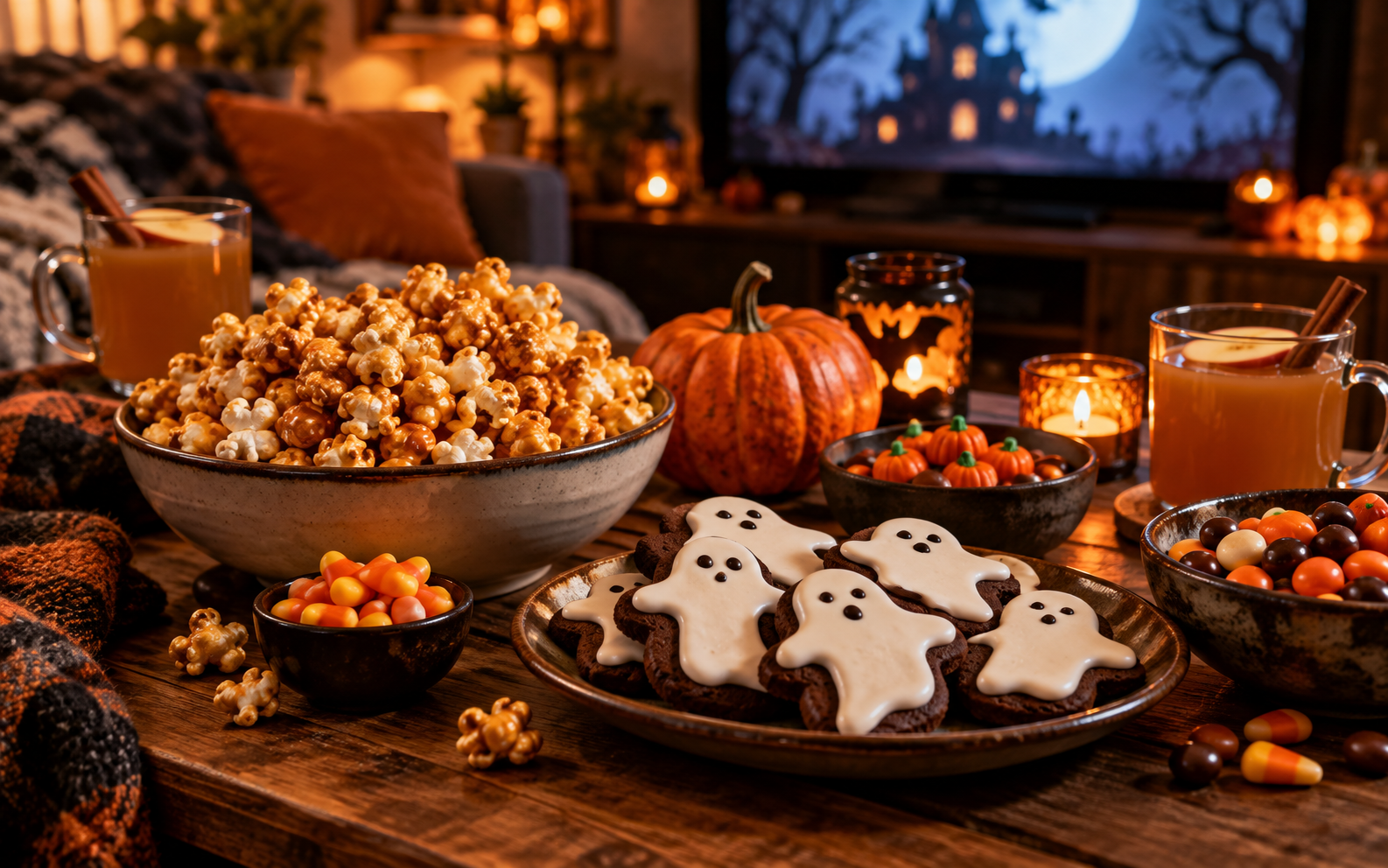A cosy Halloween movie-night spread with caramel popcorn, ghost cookies, apple cider and pumpkins