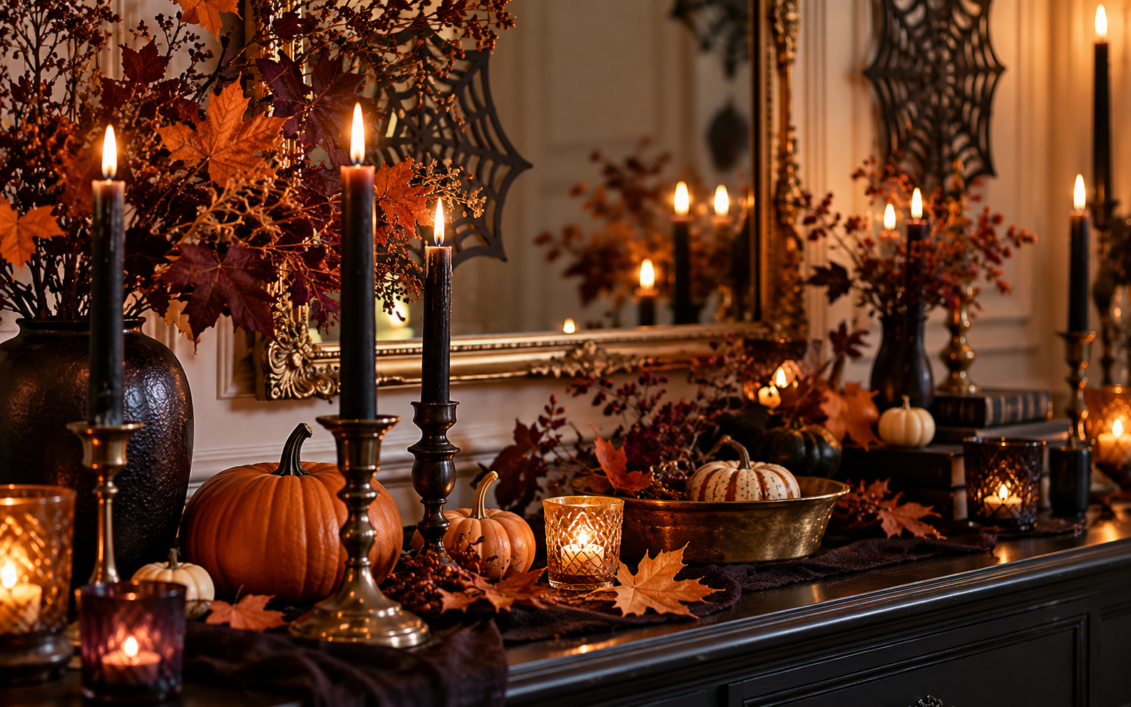 A stylish Halloween table with black candles, pumpkins, autumn leaves and a vintage mirror