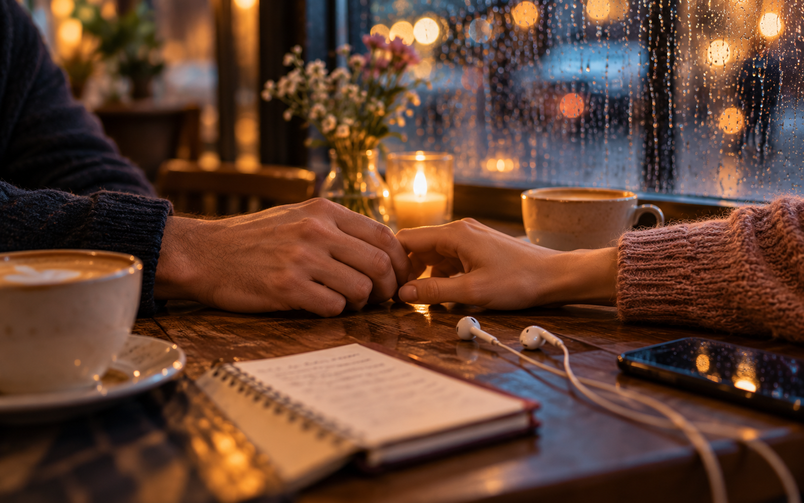 Two people gently touching hands across a candlelit café table beside headphones and a notebook